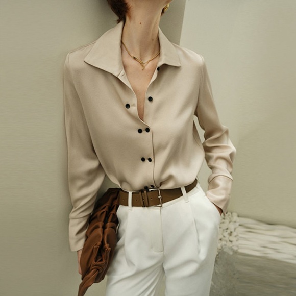 STYLEWE Tops - STYLEWE Long Sleeve Double Button Collar Blouse Women Size XL Tan